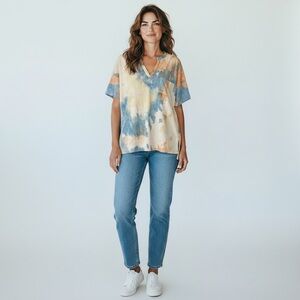 BiBi Tie Dye Top Short Sleeve V-Neck Ribbed Blouse Multi Color Women’s Medium